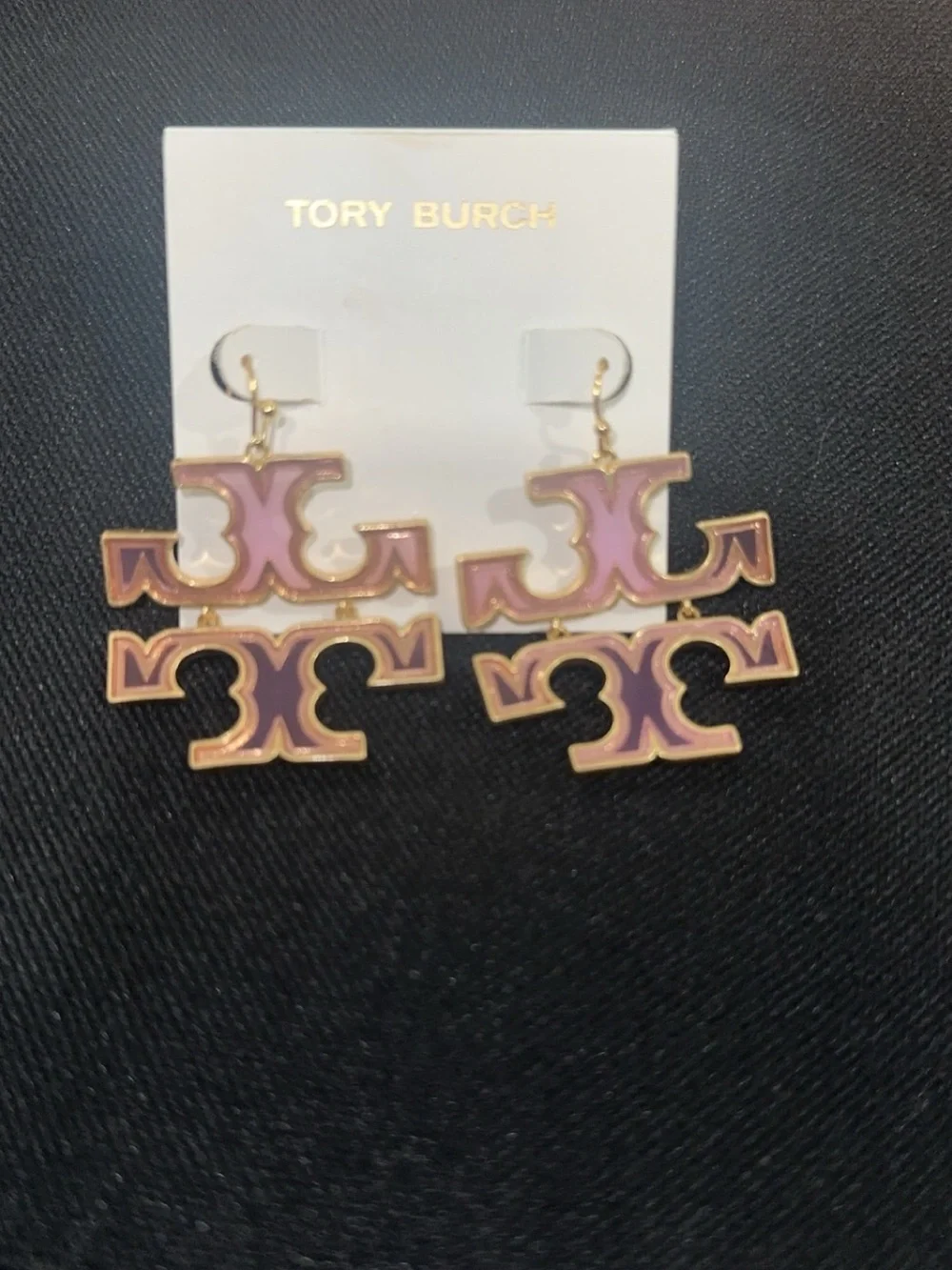 Tory Burch Pink and Gold Double-Logo Dangle Earrings